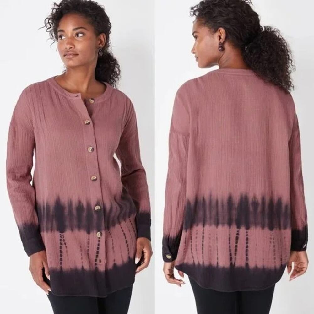 3/$25 J Jill Pure Tunic Top  XSP Tie‎ Dye Long Sleeves Crinkle Gauze Mauve